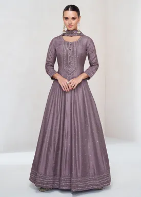 Stunning Dusty Purple Silk Embroidered Wedding Anarkali Gown