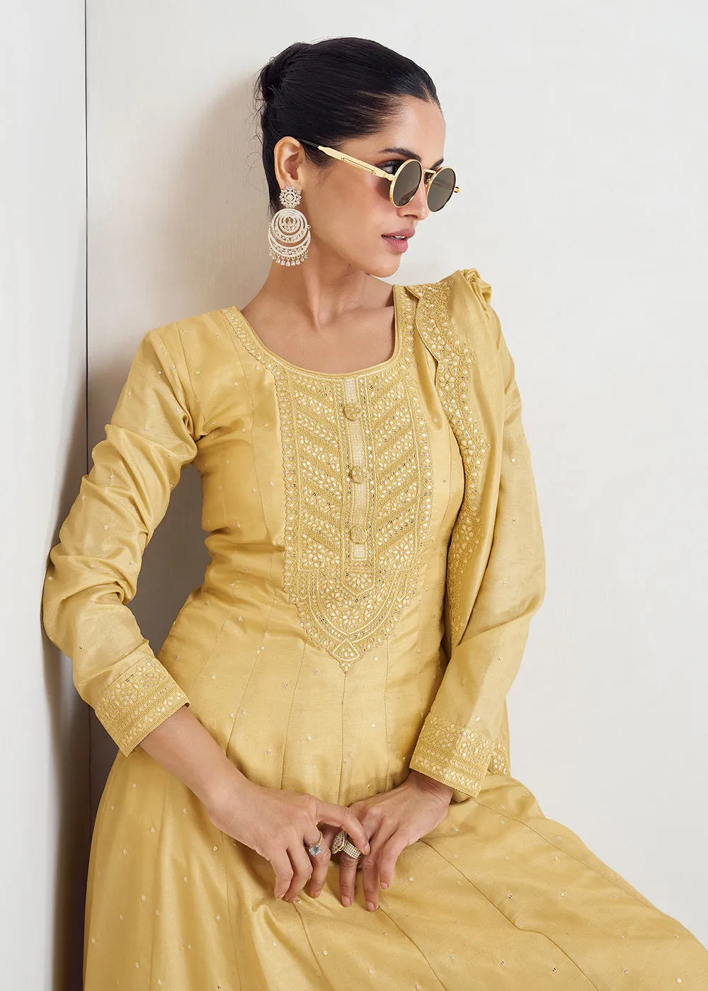 Stunning Yellow Silk Embroidered Wedding Anarkali Gown