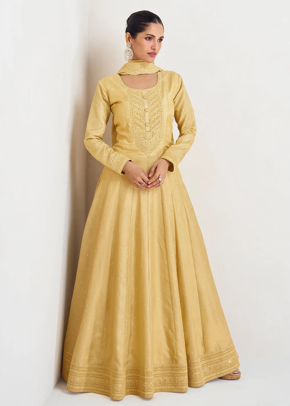 Stunning Yellow Silk Embroidered Wedding Anarkali Gown