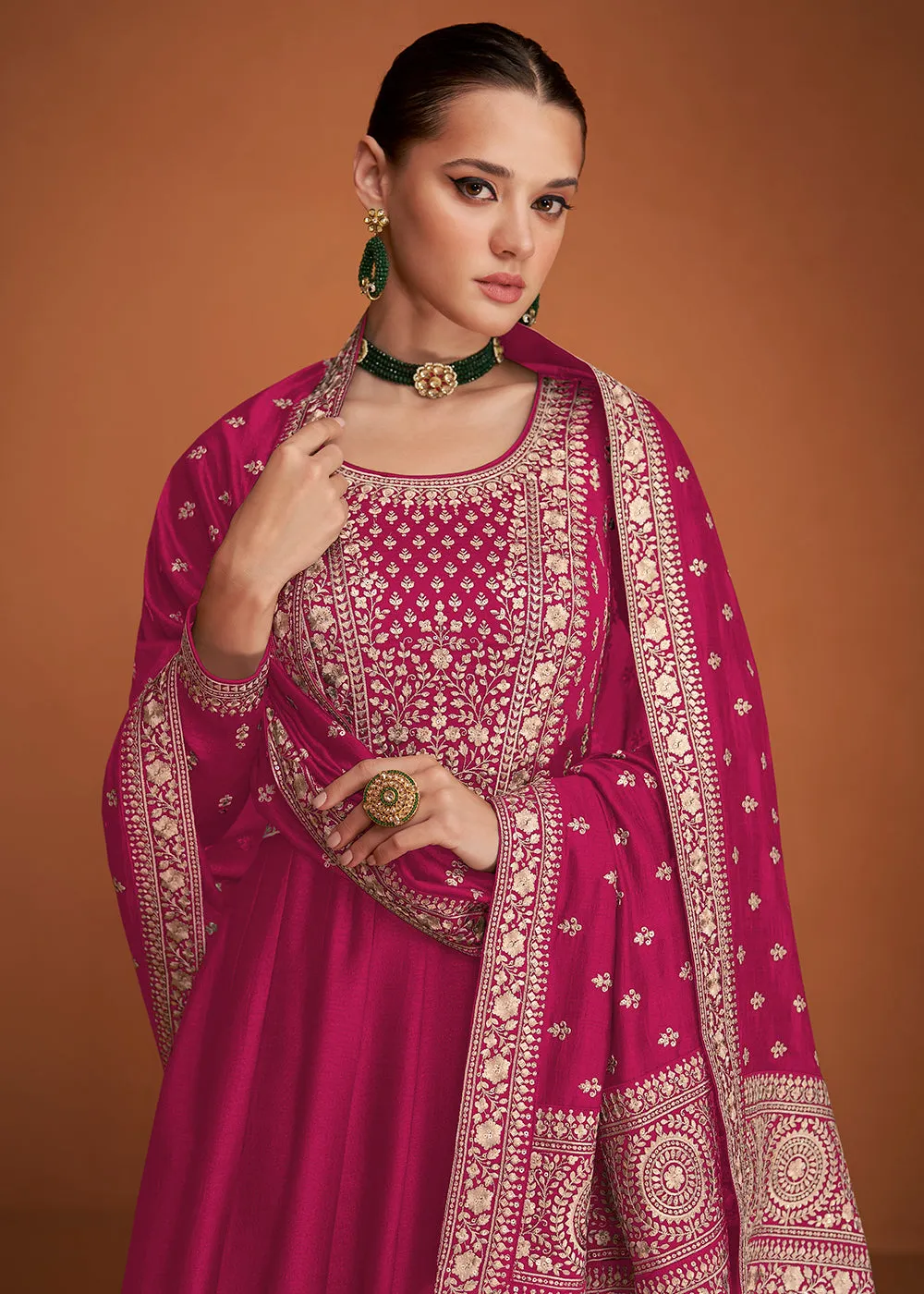 Tantalizing Magenta Pink Silk Embroidered Party Wear Anarkali