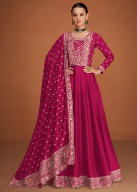 Tantalizing Magenta Pink Silk Embroidered Party Wear Anarkali