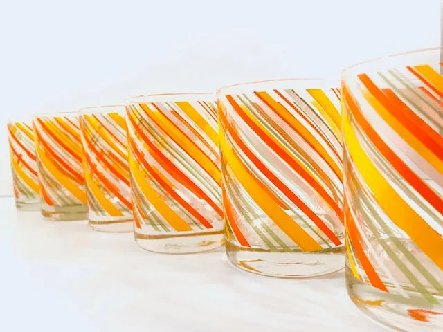 Tastesetter Signed Yellow, Orange and Green Retro Striped Double Old Fashion Glasses (Set of 6)