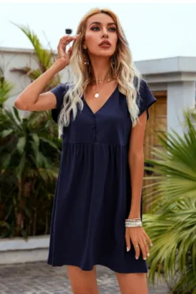 V Neck Solid Smock Dress