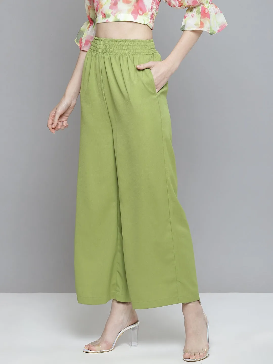 Women Green Smocked Waist Wide Leg Pants