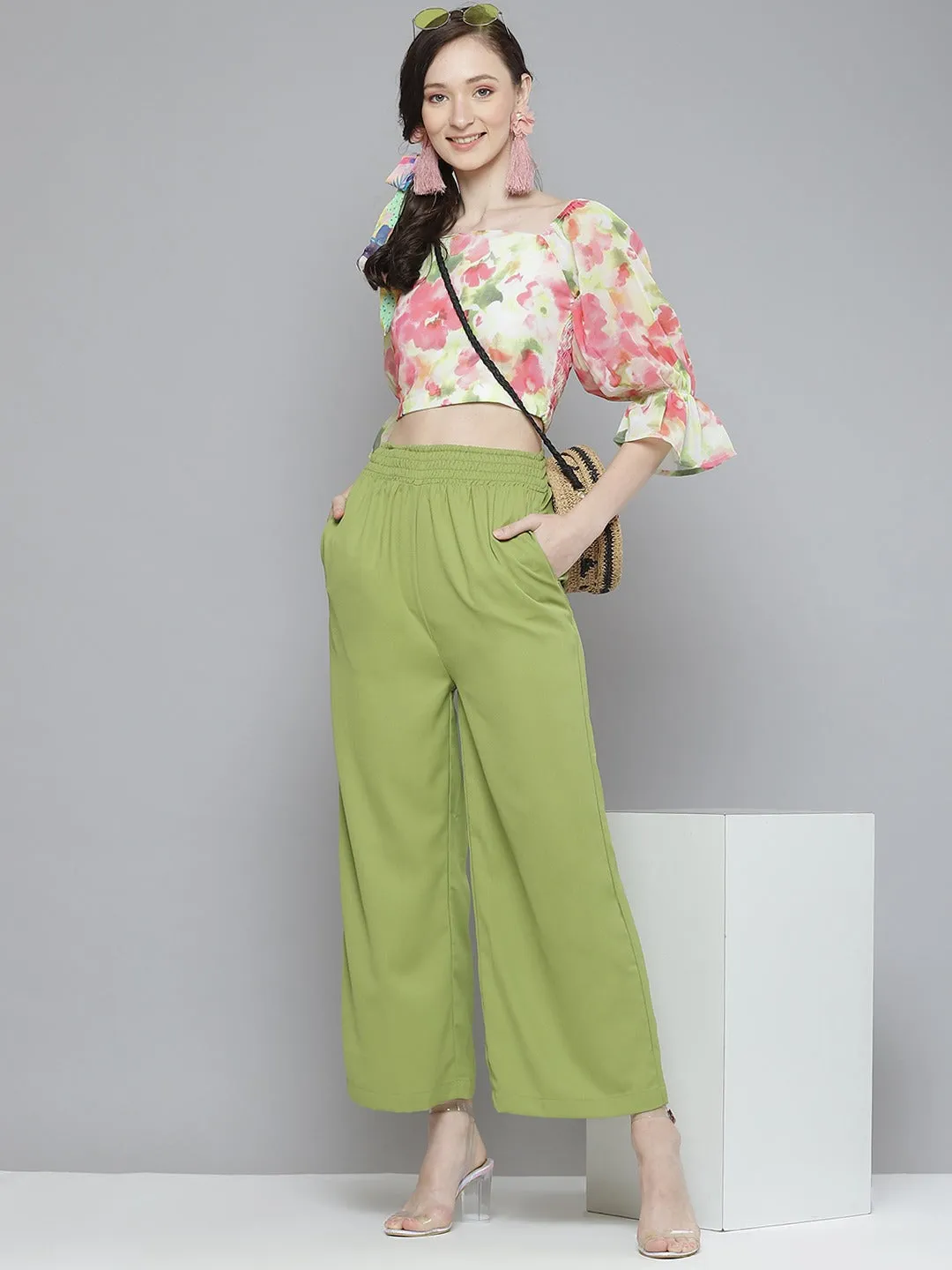 Women Green Smocked Waist Wide Leg Pants