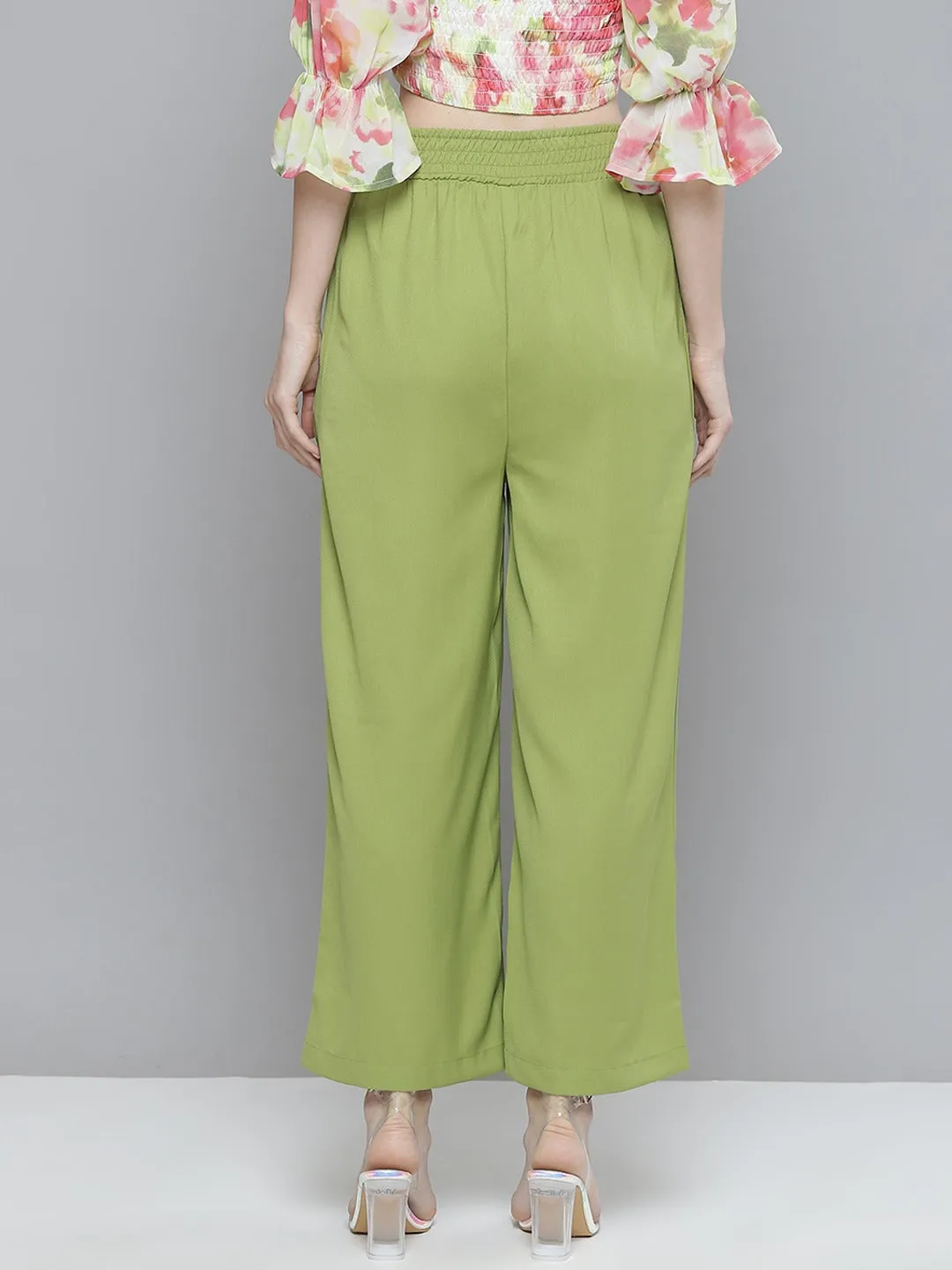 Women Green Smocked Waist Wide Leg Pants