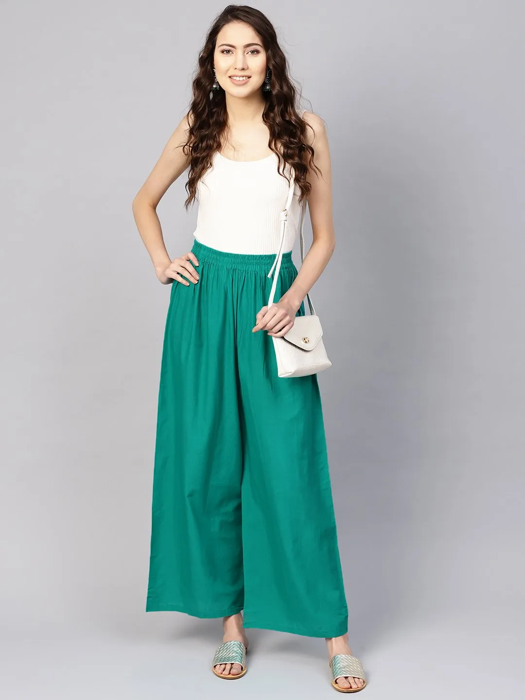 Women Green Solid Wide Leg Palazzos