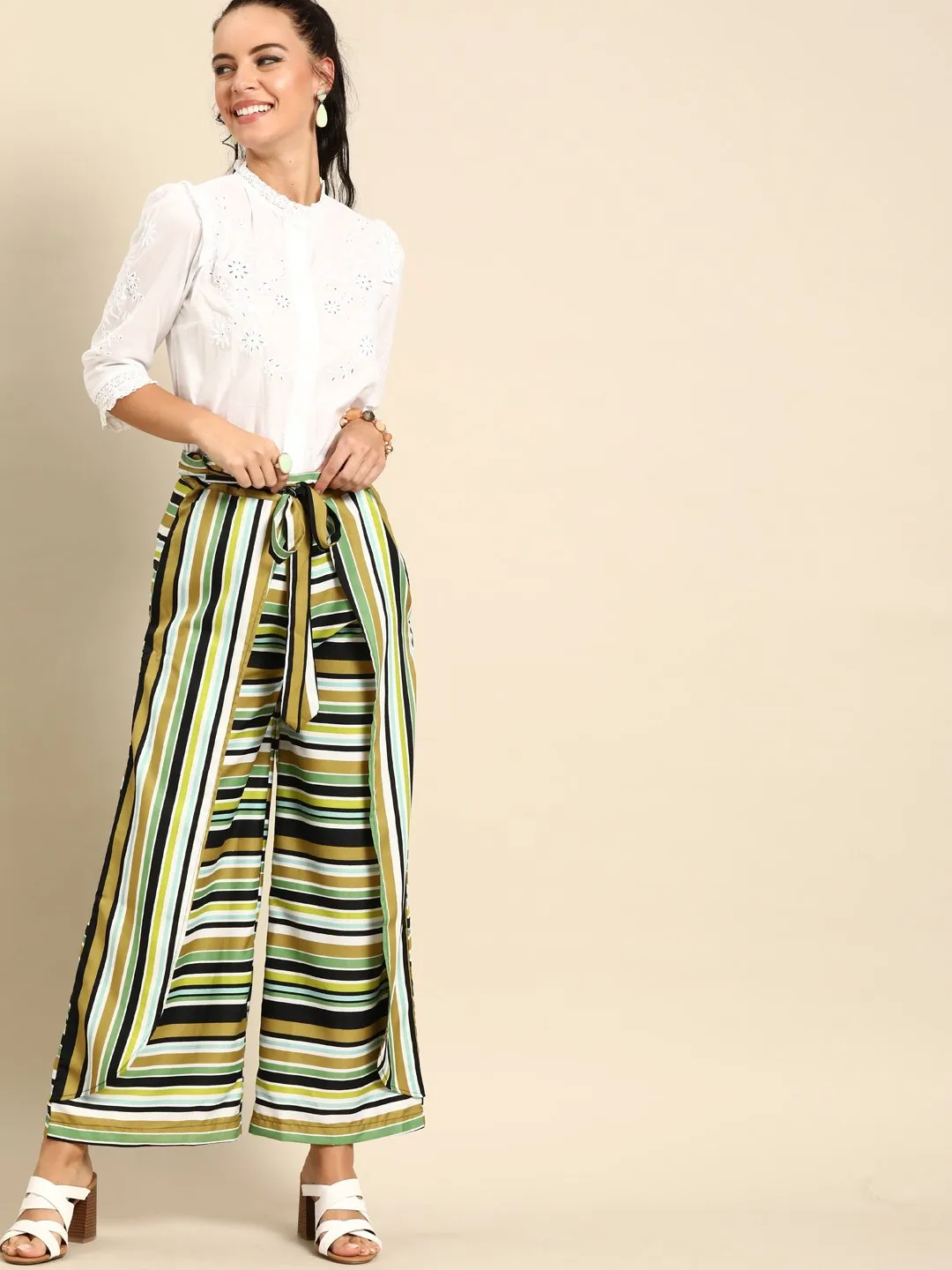 Women Multi Striped Striped Cotton Wide Leg Palazzo