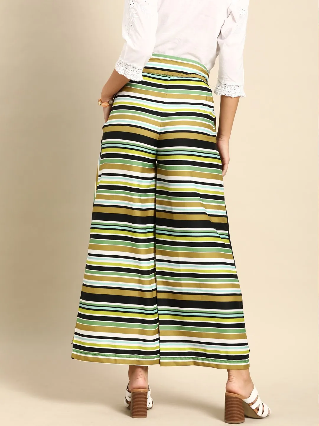 Women Multi Striped Striped Cotton Wide Leg Palazzo