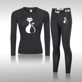 Women's Cat Print Tight Thermal Underwear Set