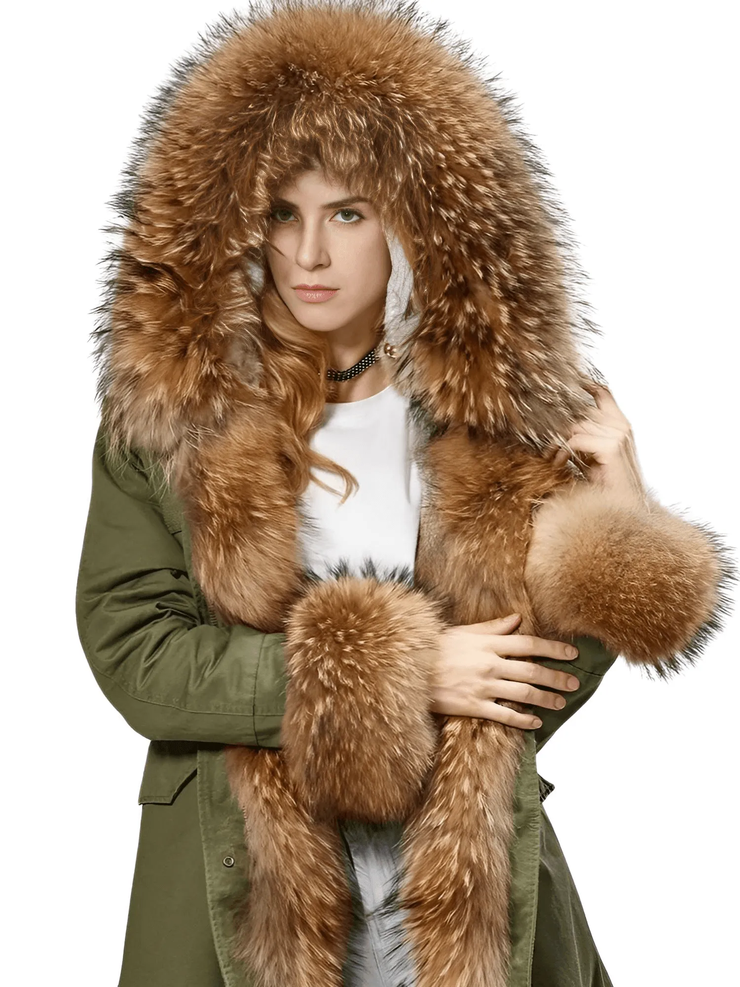 Women's Long Rabbit Fur Parka Real Fur Lining & Real Fox Fur Collar