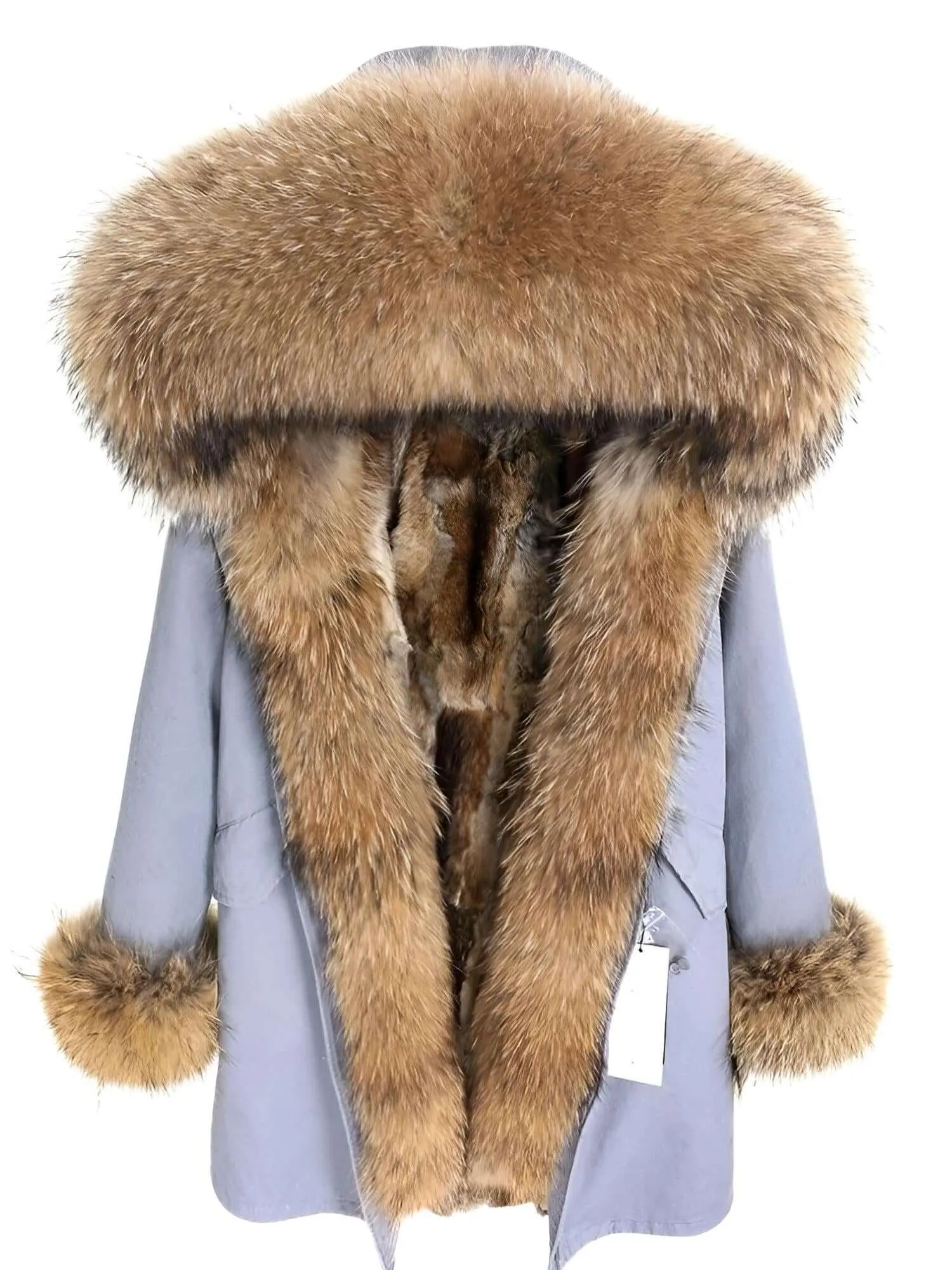 Women's Long Rabbit Fur Parka Real Fur Lining & Real Fox Fur Collar