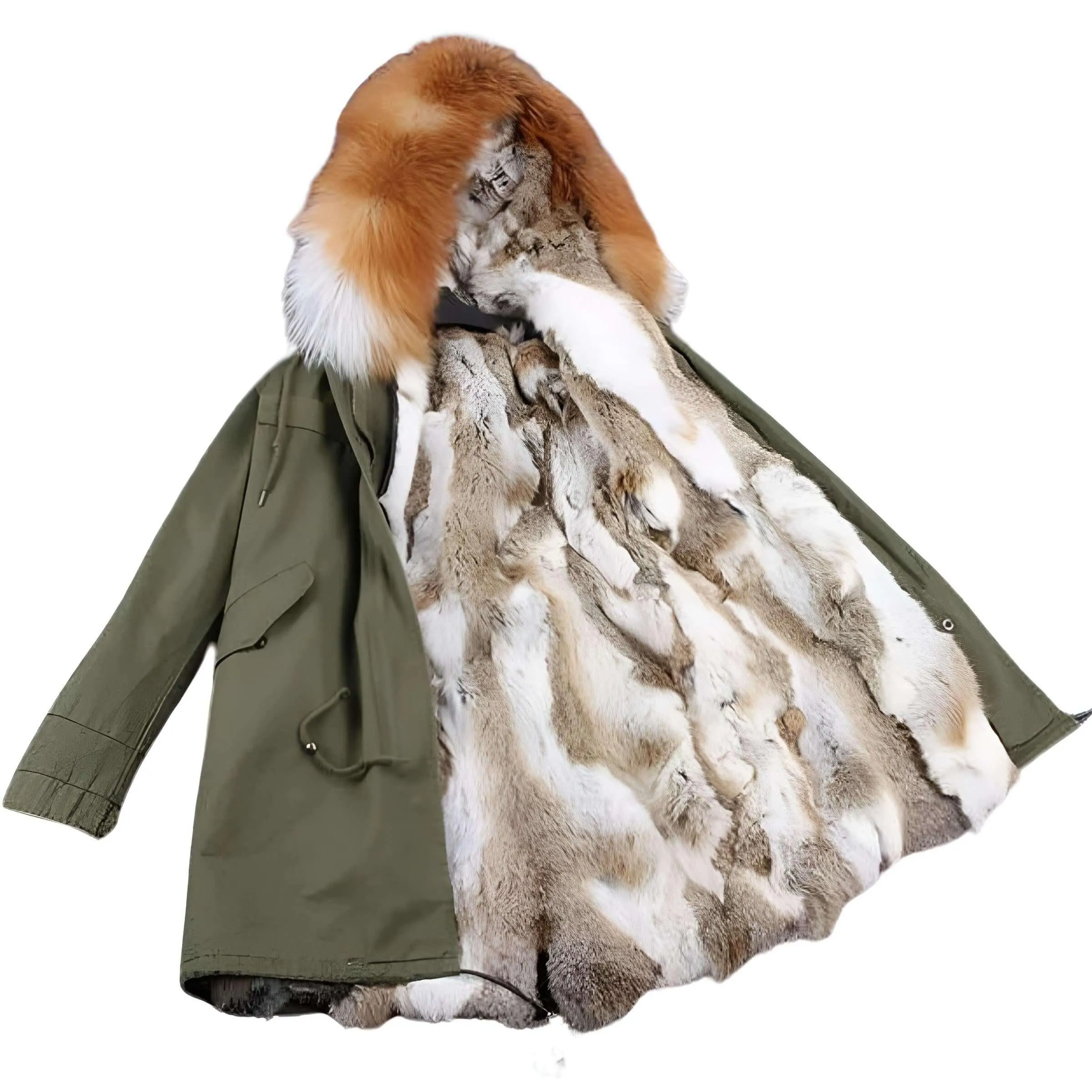 Women's Long Rabbit Fur Parka Real Fur Lining & Real Fox Fur Collar