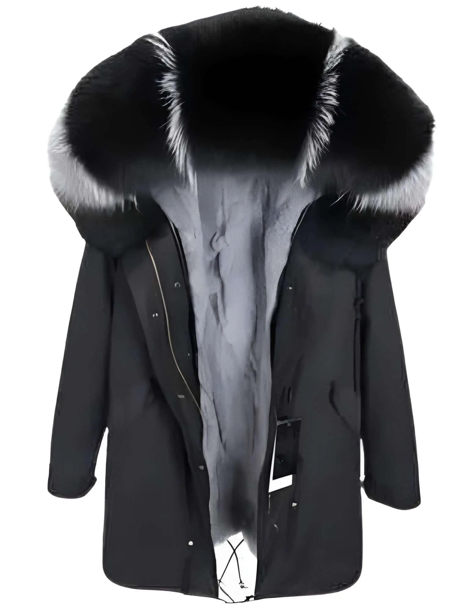 Women's Long Rabbit Fur Parka Real Fur Lining & Real Fox Fur Collar