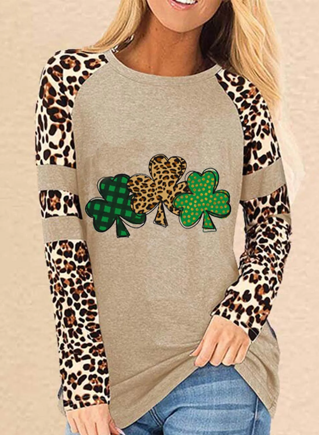 Women's Tunic Tops Casual Color Block Clover Leopard Round Neck Long Sleeve Daily Tops