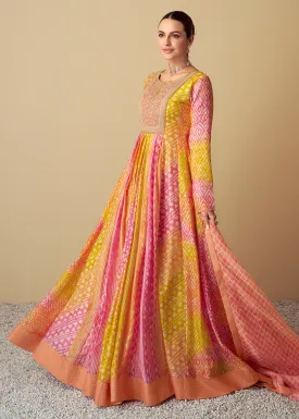 Yellow & Peach Maslin Digital Printed Festive Anarkali Gown