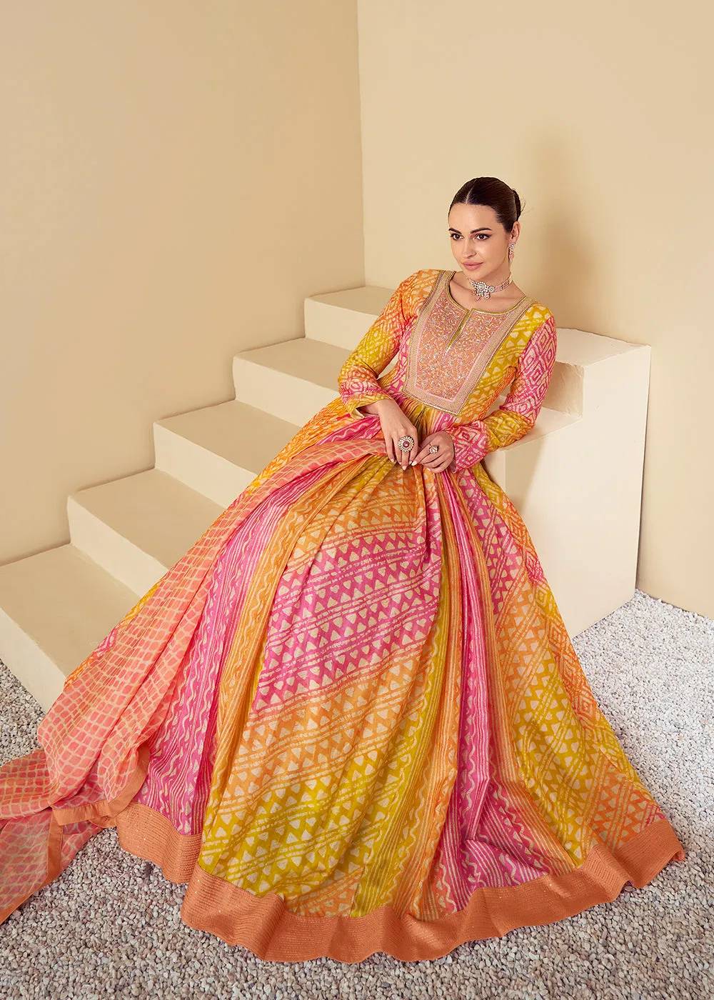 Yellow & Peach Maslin Digital Printed Festive Anarkali Gown